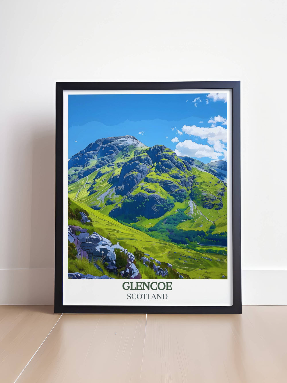 Three Sisters of Glencoe Prints featuring the stunning landscapes of Glencoe Scotland ideal for enhancing your living space with vibrant colors and intricate details a perfect gift for travelers who cherish the beauty of Scotlands scenic vistas