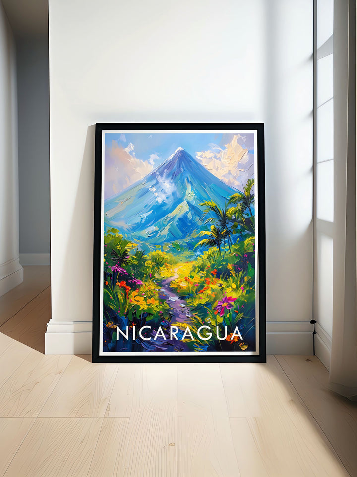 Travel poster print featuring Nicaraguas volcanoes perfect for home decor with vivid colors and intricate details capturing the dramatic landscapes of these natural wonders in a unique city art print