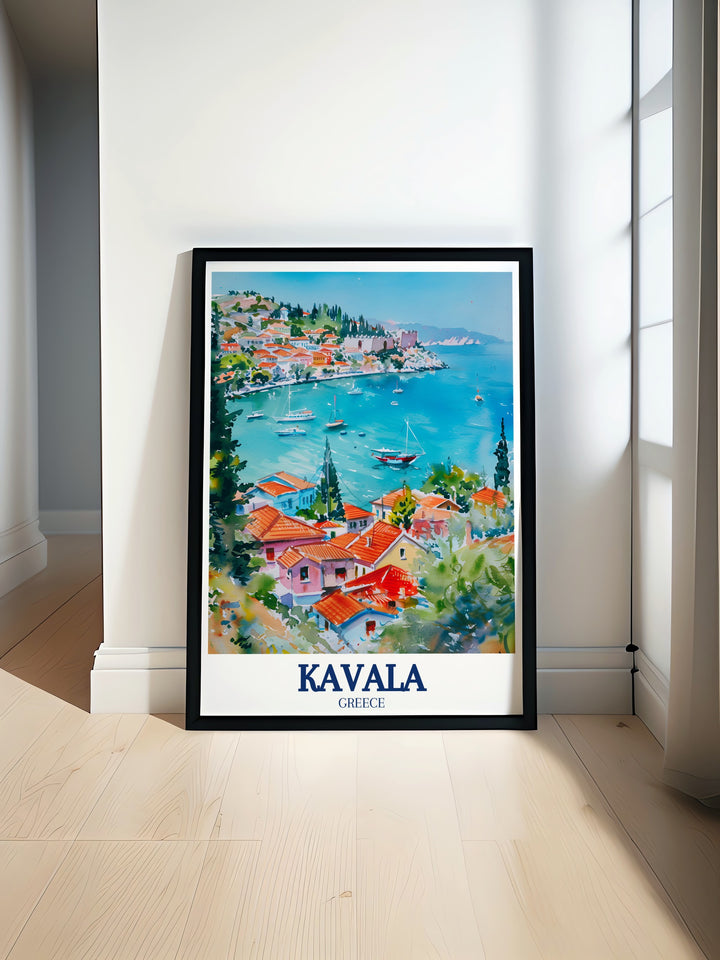 Kavala Travel Poster featuring the iconic landmarks of Kavala, Greece, set against the tranquil backdrop of the Aegean Sea, ideal for those who want to bring a piece of their travel memories into their home.