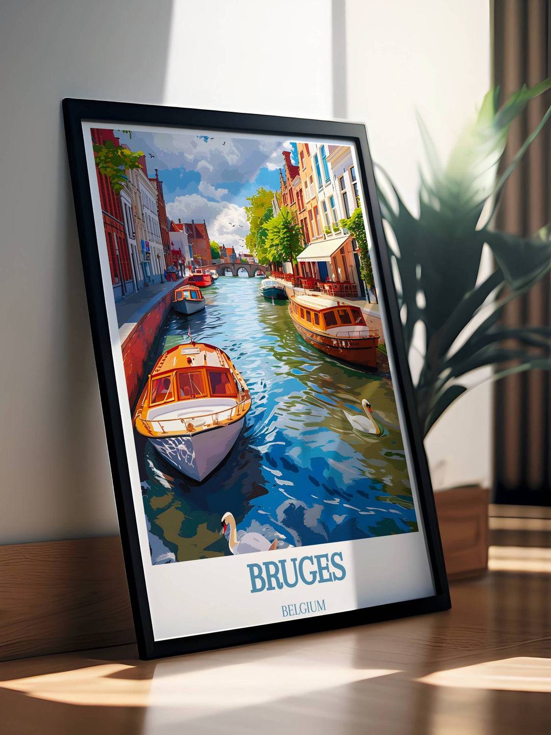 Detailed artwork of the canal of Bruges showcasing the contrast of old city charm against clear blue skies