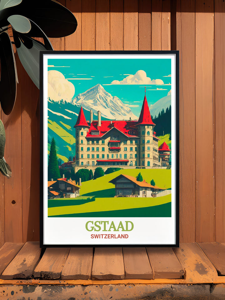 The Gstaad Palace framed art features the iconic Swiss landmark, renowned for its grandeur and elegance. Nestled within the breathtaking alpine landscape, this framed print offers a sophisticated view of the palace and its surroundings. This piece is perfect for adding a touch of Swiss luxury and alpine serenity to your living space.