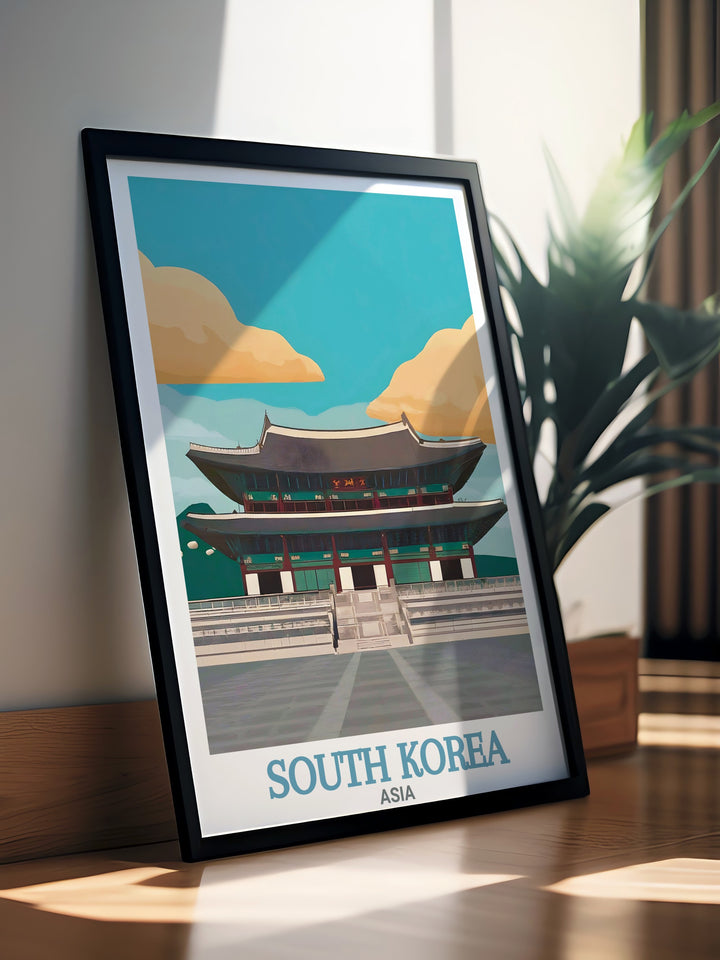 Gyeongbokgung Palace stunning living room decor featuring vibrant colors and intricate details of Seoul South Korea making it an ideal addition to any contemporary home