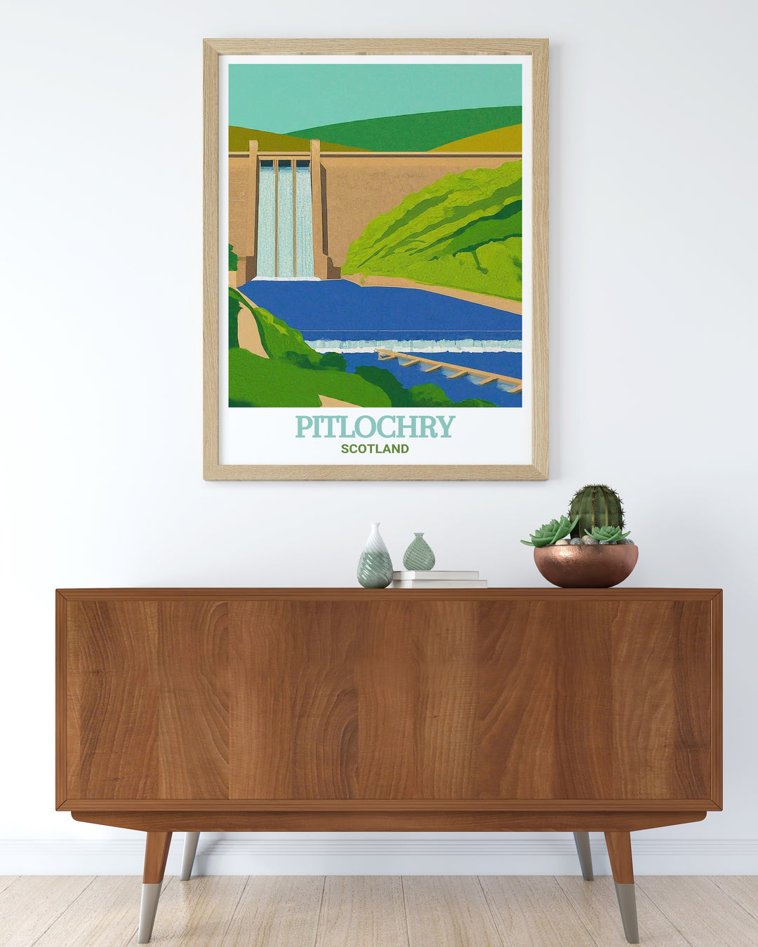 Scotland vintage poster featuring the historic Pitlochry Dam and Fish Ladder, surrounded by the lush greenery of the Highlands. This custom print adds a timeless touch to your wall décor, ideal for anyone who loves Scotlands scenic beauty and historical significance.