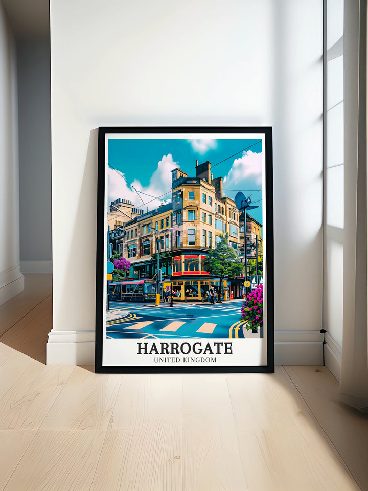 Beautiful Harrogate Travel Poster showcasing Harrogate City Centre and Montpellier District. Perfect addition to any living room or office decor. Elegant Yorkshire Art that captures the timeless charm of this historic area for modern home decor.