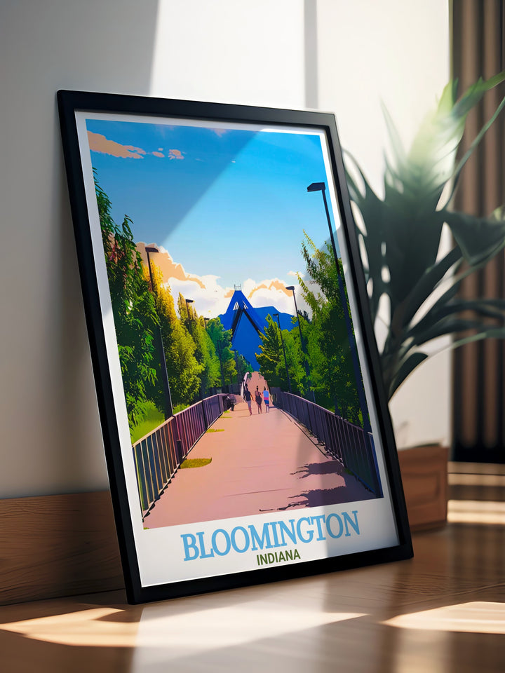 Bloomington Indiana B Line Trail travel poster print featuring the citys skyline and map integrated into the design adding a modern twist to the vintage feel perfect for any decor style and personalized gifts