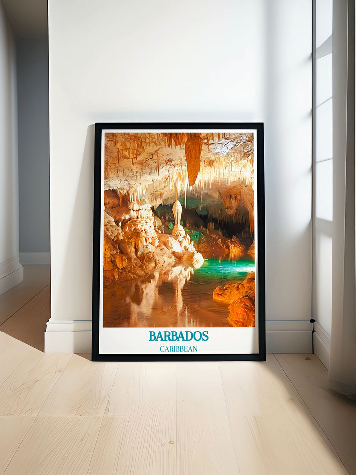 Barbados Modern Wall Decor featuring a breathtaking view of Harrisons Cave, capturing the intricate stalactites and stalagmites that define this natural wonder, perfect for adding a touch of adventure and natural beauty to your home decor.