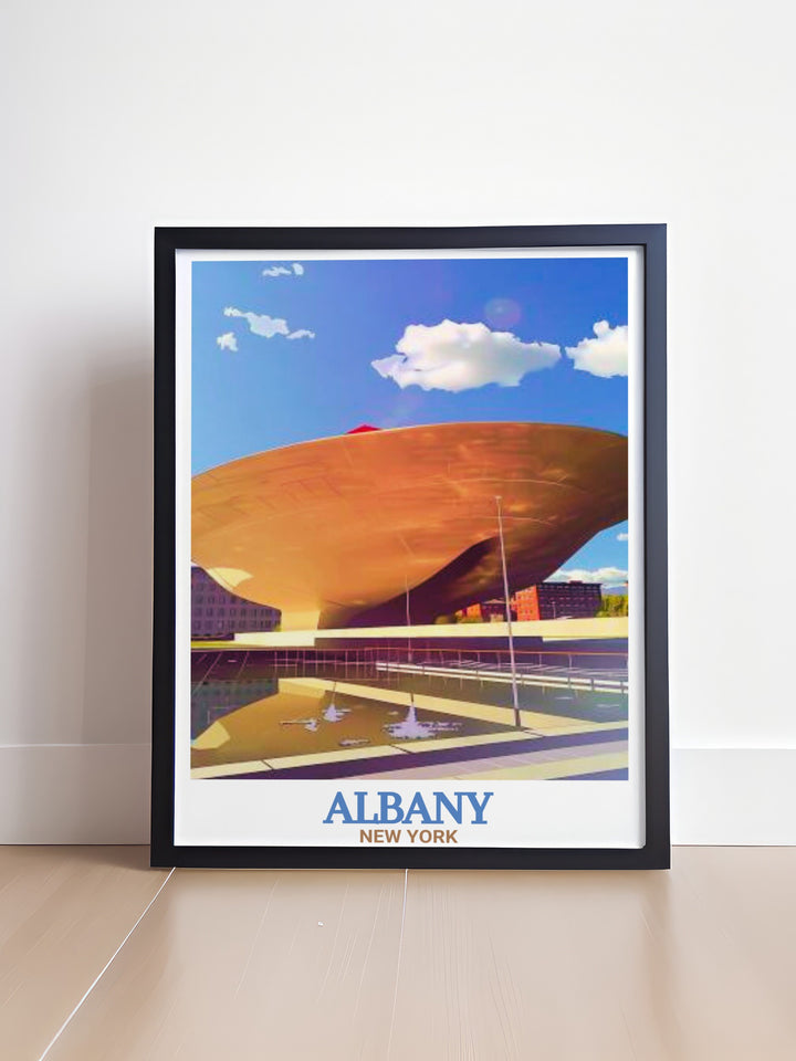 The Egg travel poster featuring the unique structure of Albanys architectural marvel ideal for those seeking New York State art and unique Albany gifts to enhance their home or office decor with captivating wall art and sophisticated design.