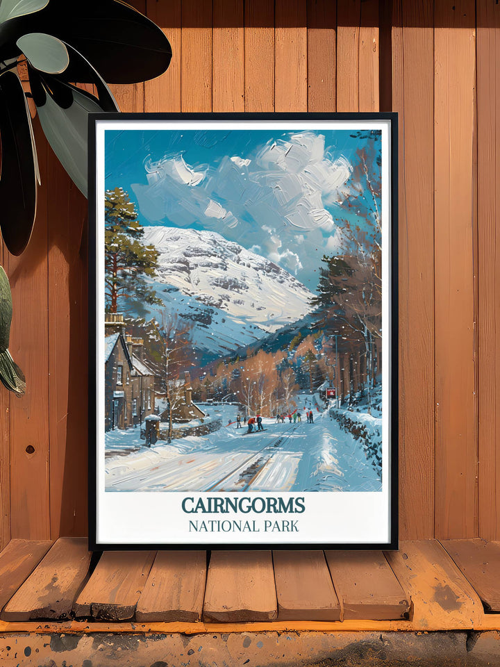 National Park Poster highlighting Cairngorm Mountain and the Cairngorms. This retro travel poster adds a touch of Scottish charm to any home decor, perfect for nature lovers and art enthusiasts.