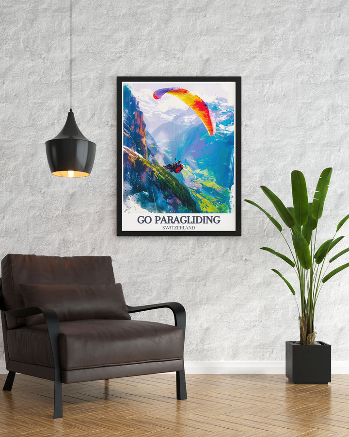 Vintage poster of paragliding in the Swiss Alps, celebrating the timeless appeal of this outdoor sport and the stunning landscapes of Interlaken.