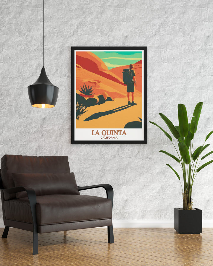 Cove Oasis Trailhead travel poster from La Quinta, California. This art print offers a breathtaking view of the desert terrain, ideal for creating a calming atmosphere in your living space. A perfect gift for those who love nature and the outdoors.