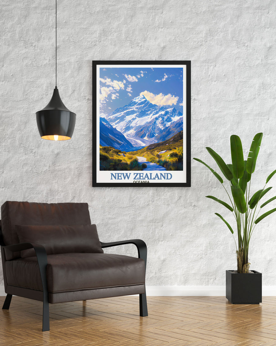 New Zealand print featuring the breathtaking scenery of Mount Cook and Akaroa Lighthouse perfect for those who love national park posters and vintage travel art ideal for adding a touch of New Zealands natural beauty to your living space.
