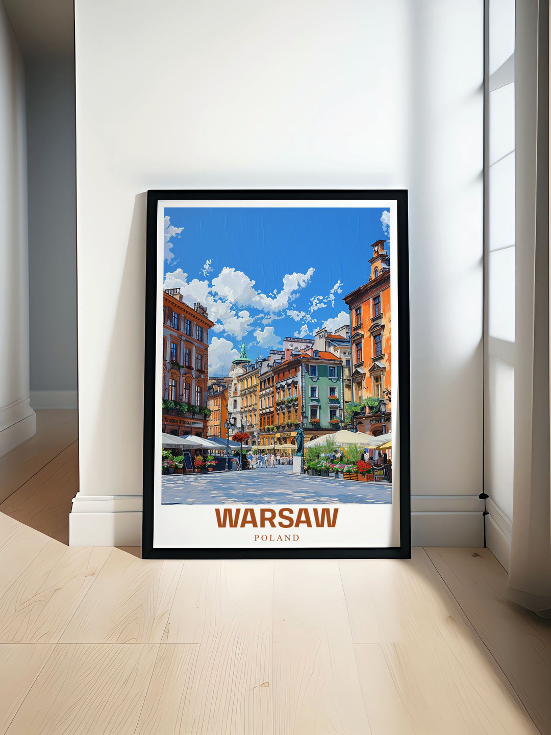 Old Town Market Square modern art print showcasing the vibrant energy of Warsaw captured in stunning detail perfect for enhancing your home decor with Polish heritage and elegant artwork that reflects the beauty of the citys rich architectural history.