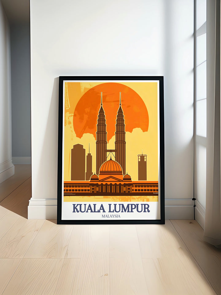 Kuala Lumpur wall art featuring the historic Sultan Abdul Samad Building and the towering Petronas Twin Towers. This travel print offers a unique glimpse into the architectural beauty of Malaysias capital, making it a standout addition to any travel themed collection.