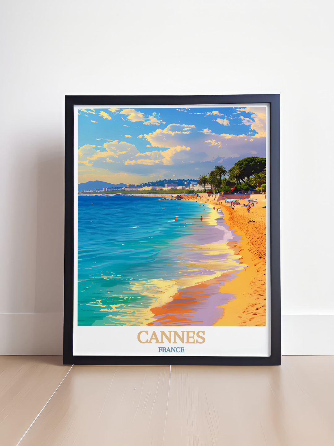 Elegant Plage de la Croisette wall art featuring the iconic beach of Cannes perfect for enhancing your home decor this France travel print is a stunning representation of French charm and sophistication an ideal gift for art lovers and travel enthusiasts