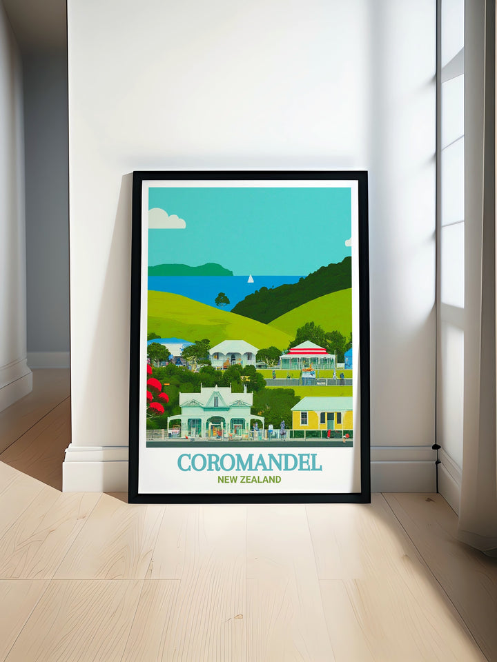 Detailed art print of Coromandel Town in New Zealand, showcasing its historic streets, colonial architecture, and surrounding natural beauty, perfect for enhancing any home decor with a touch of history and nature, available from MapYourDreams.