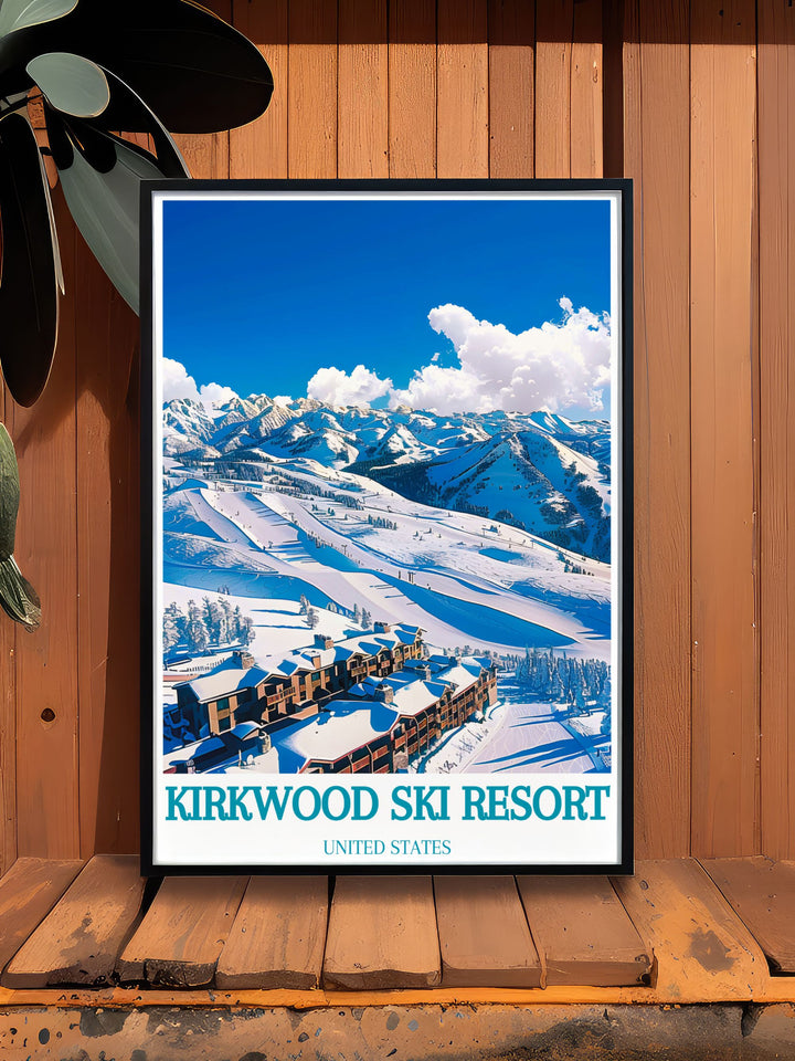 Beautiful ski poster of Kirkwood Mountain Resort showcasing the resorts snowy slopes and stunning mountain views. The poster captures the excitement and charm of winter sports, making it a great addition to your home decor.