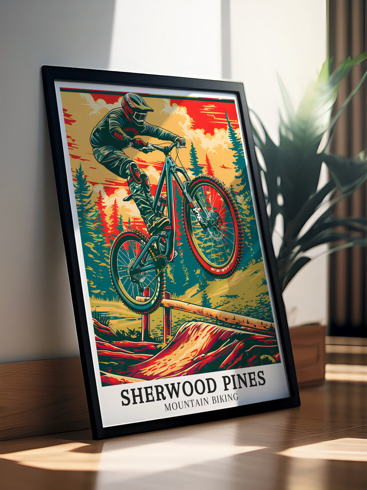 Mountain biking travel wall decor pieces capturing the exhilarating scenery of Sherwood Pines Pulpit Jump in Nottinghamshire. Perfect for those who love mountain biking, these wall decorations add a touch of adventure to any room. Enjoy the vivid colors and dynamic details of the trails through our high quality travel wall art.