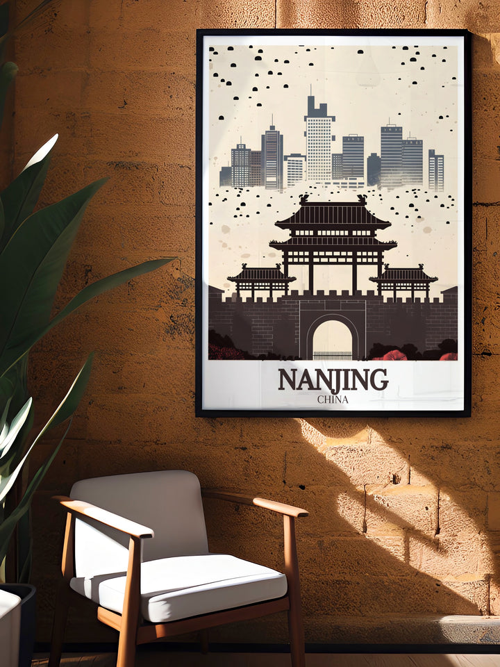 Celebrate the history of Nanjing with this Zhonghua Gate Wall Print. The detailed illustration of the ancient gate, set against the bustling city skyline, showcases the citys ability to preserve its past while embracing the future. Ideal for travelers and history buffs alike.