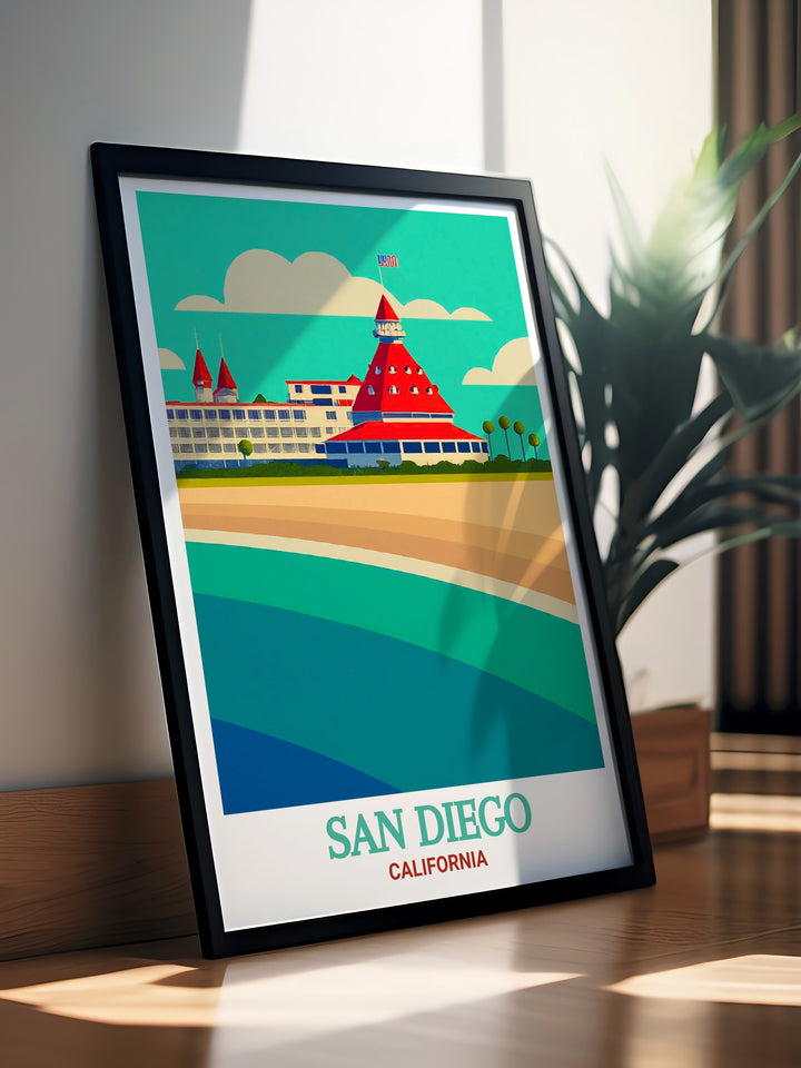 Vintage inspired poster of San Diegos downtown and Coronado Islands historic charm, combining modern cityscapes with coastal tranquility. A must have for lovers of Californias diverse beauty.