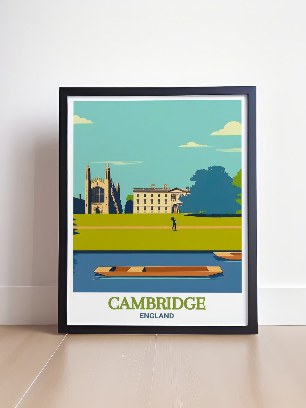 Cambridge Uni architecture print featuring the iconic Trinity College and The Backs a beautiful addition to any vintage travel print collection and ideal for elegant home decor