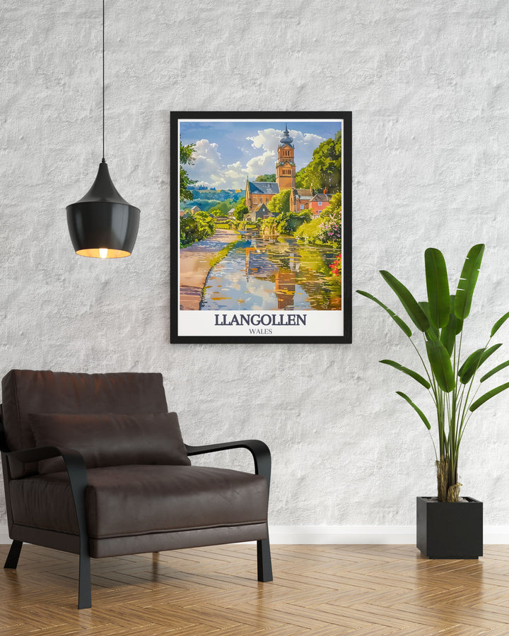 Enhance your home decor with this captivating wall art featuring River Dee Llangollen Canal and Llangollen Methodist Church. This print showcases the picturesque landscapes and historic charm of Llangollen making it a perfect addition to your art collection.