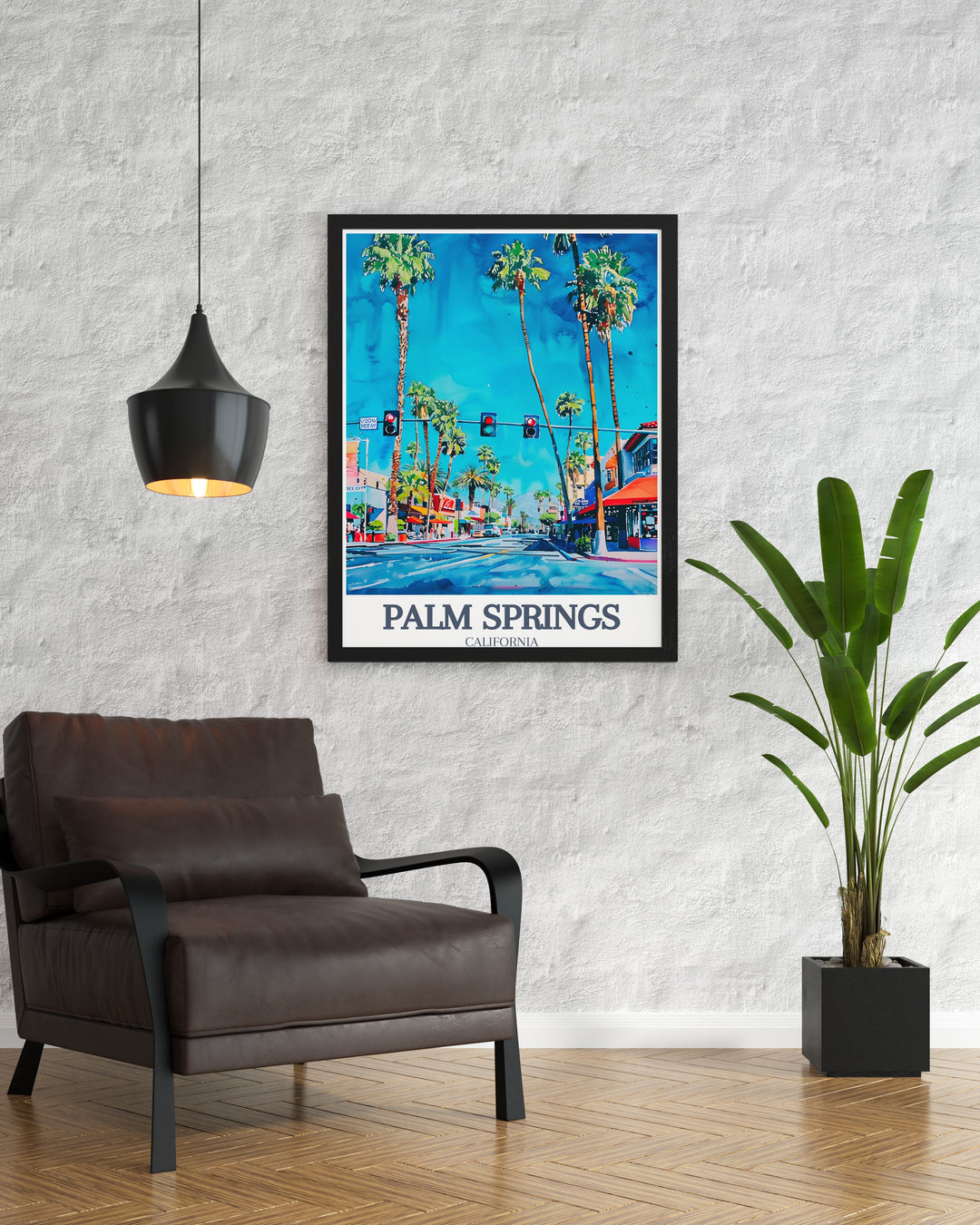 Palm Springs Poster Print capturing the beauty of Palm Canyon Drive with its palm trees and modern Downtown, perfect for bringing Californias desert charm into your home. This travel print makes for a unique gift or an eye catching piece of wall decor.