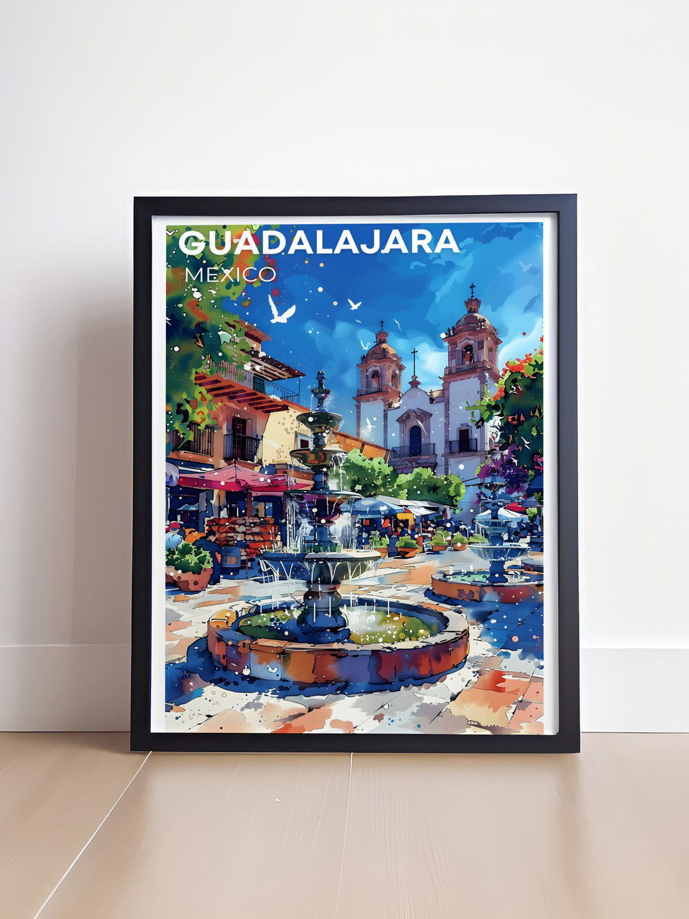 This stunning Guadalajara poster print captures the vibrant spirit of Plaza Tapatía, located in the heart of Mexicos cultural capital. With detailed illustrations of its fountains and sculptures, this travel print is the perfect decor for lovers of Mexican art.