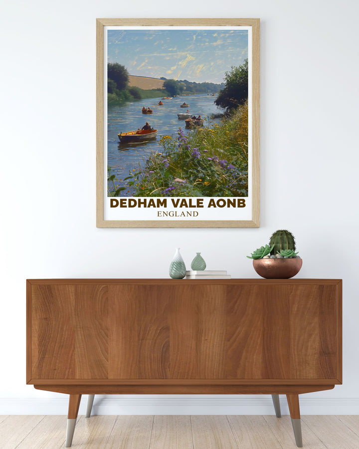 This Dedham Vale travel print highlights the picturesque Stour River as it winds through Constable Country, offering a beautiful and peaceful view of Suffolks landscapes. Ideal for adding a touch of countryside elegance to any room.