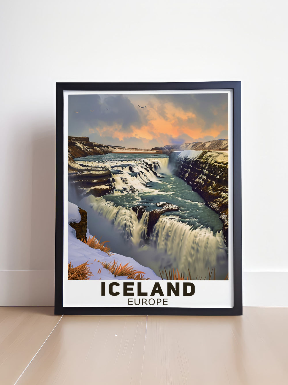 Gallery wall art of Gullfoss waterfall, showcasing the breathtaking view of the cascading waters. This print captures the majesty and power of Icelands natural wonders, making it a striking addition to any collection.