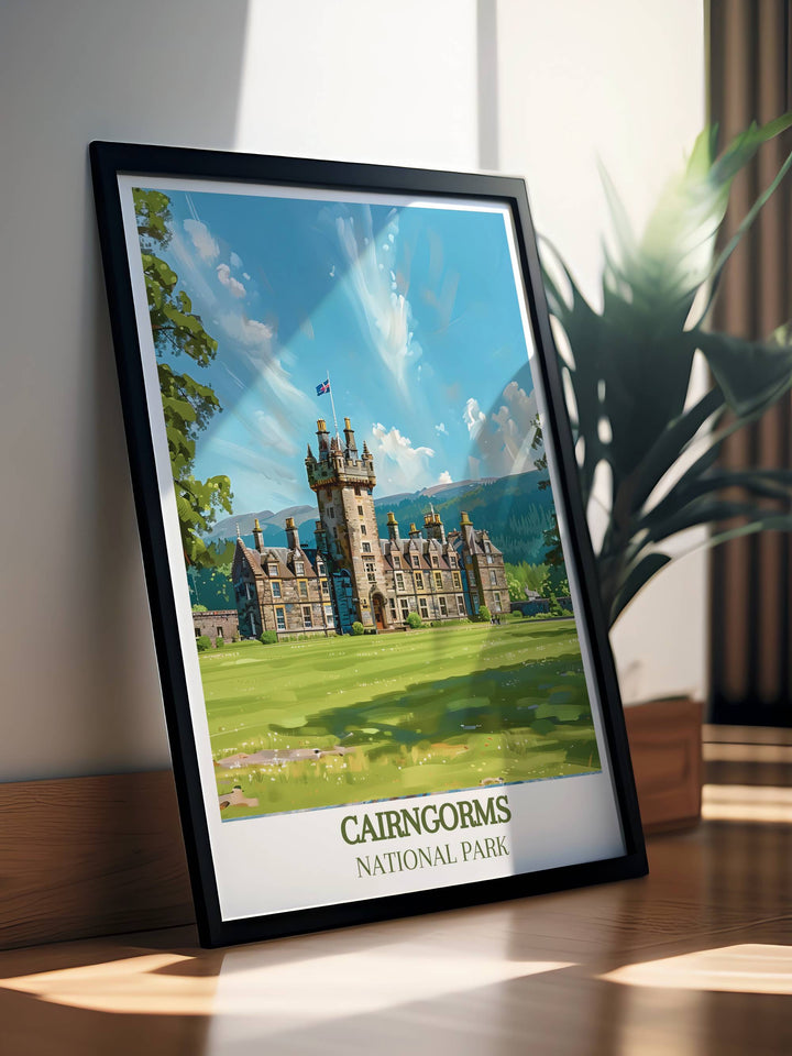 Scotland Wall Art featuring Balmoral Castle and the Cairngorms. This vintage travel print is a perfect gift for those who appreciate the scenic landscapes and rich history of the Scottish Highlands