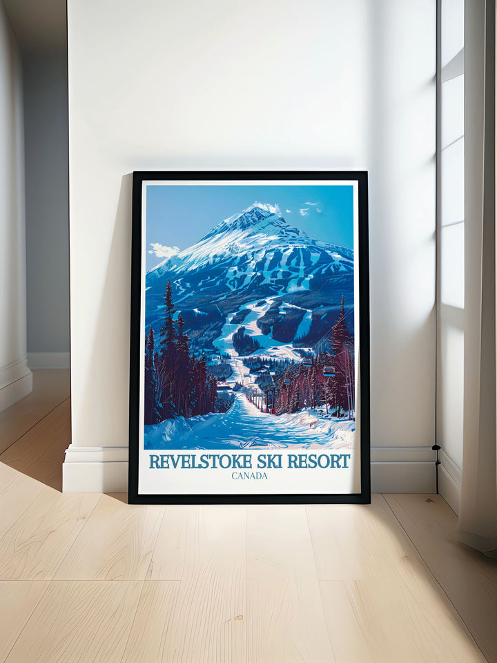 Revelstoke Poster showcasing Mount Mackenzie and the Revelation Gondola cable car. This Ski Resort Poster adds a touch of adventure and natural beauty to your home decor. Perfect for ski enthusiasts and lovers of Canadas stunning landscapes.