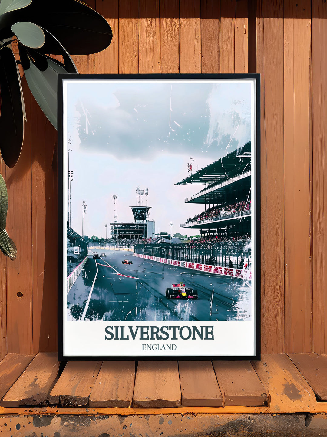 Detailed Silverstone Circuit BRDC Grandstand modern print highlighting the intense atmosphere of a high speed racing event. This artwork features the grandstand and track with precise detail and vibrant imagery, making it a perfect choice for motorsport enthusiasts and sports home decor.