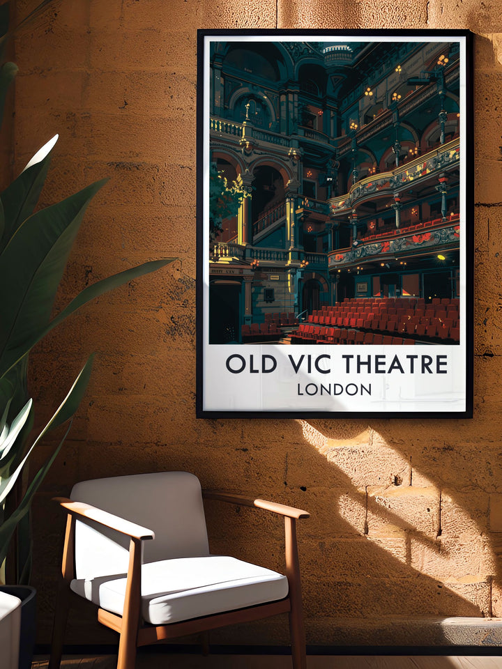 This retro travel poster highlights the main auditorium of The Old Vic Theatre in London. With its art deco design and elegant detailing, the poster captures the beauty of one of the West Ends most iconic theatres, perfect for theatre fans and art lovers.