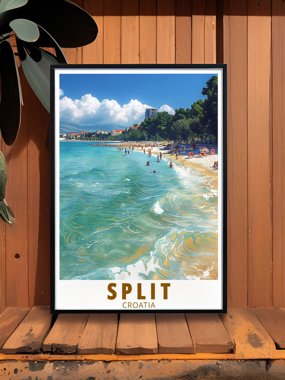 Bačvice Beach in Split is beautifully illustrated in this poster, showcasing its lively atmosphere and crystal clear waters, perfect for art lovers and beach enthusiasts.