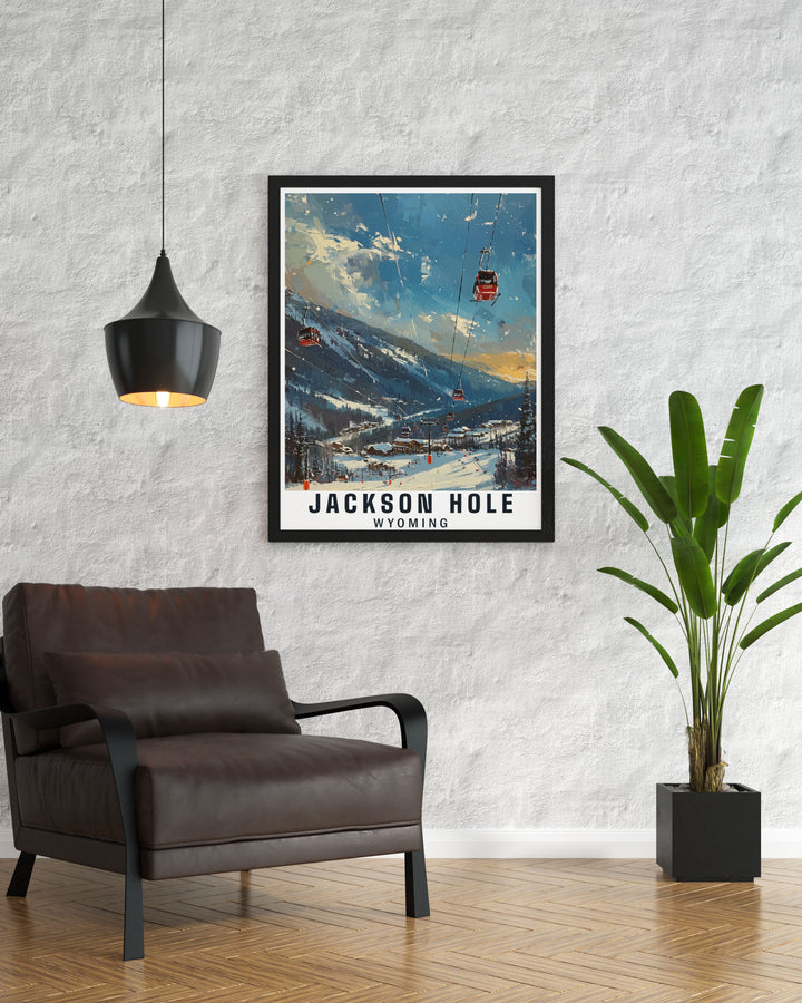 This art print of Jackson Hole and its Mountain Resort offers a breathtaking view of Wyomings iconic landmarks, ideal for travel enthusiasts and art collectors.