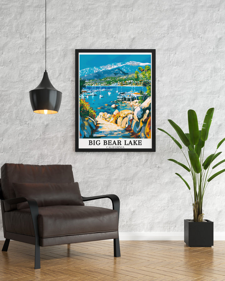 Stunning art print of Big Bear Lake showcasing its clear blue waters and surrounding mountains perfect for adding natural beauty to your home decor or as a thoughtful gift for outdoor enthusiasts