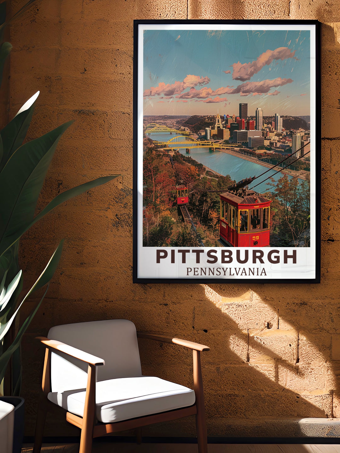 Elegant Pittsburgh poster print of the Duquesne Incline with bridges and skyline in view. This artwork emphasizes the industrial charm of the city, blending modern and historic architecture in one detailed composition.