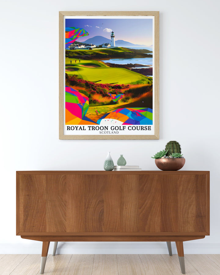 Golf artwork featuring the Royal Troon golf course with views of the Ayrshire coastline and Isle of Arran great for home living rooms offices and golf club decor celebrates the legacy of Tiger Woods and iconic courses like Augusta National