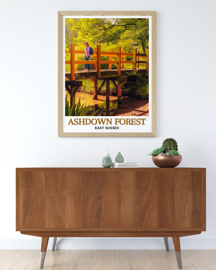 Pooh Bridge Modern Prints from Ashdown Forest capture the peaceful charm of this iconic landmark surrounded by lush greenery ideal for enhancing your home with a natural vibe this AONB Wall Art is perfect for creating a calming atmosphere in any room