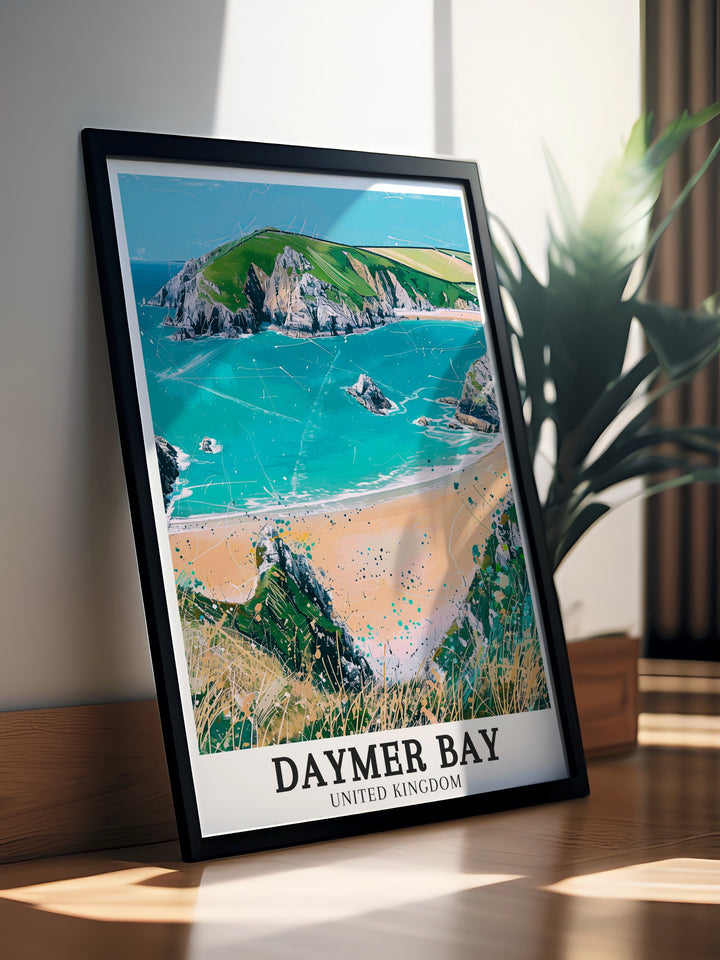 Featuring the stunning landscapes of Daymer Bay and Brea Hill, this travel poster is a celebration of North Cornwalls unique coastal scenery. The detailed illustration brings to life the gentle beauty of this region, perfect for any lover of Englands coast.