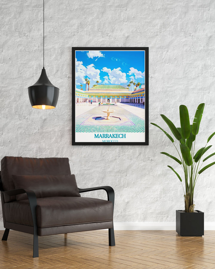 Showcasing both Marrakech and Bahia Palace, this travel poster captures the unique blend of lively city life and serene architectural beauty, perfect for enhancing your living space with Moroccan charm.