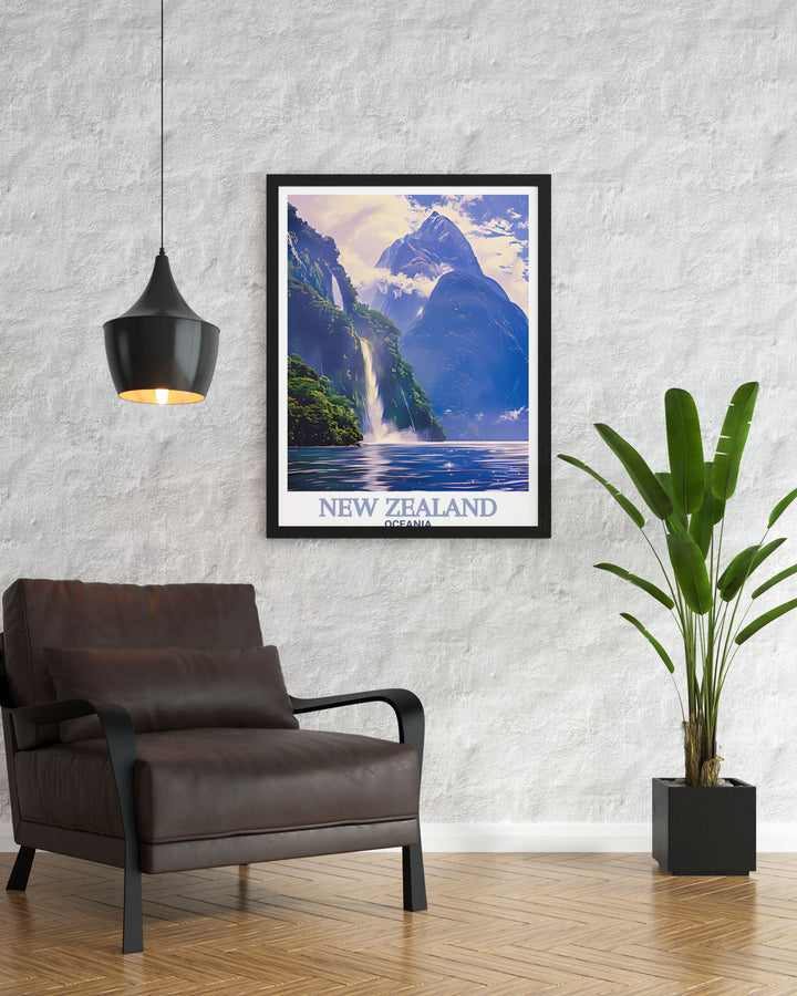 Retro New Zealand print highlighting the dramatic beauty of Milford Sound paired with the serene Akaroa Lighthouse perfect for anyone seeking to bring the charm of New Zealand travel into their living space with timeless elegance.