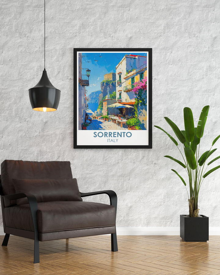Piaza Tasso prints capturing the vibrant atmosphere of Sorrento Italy with detailed artwork of Piaza Tasso and colorful street scenes. Perfect as a thoughtful gift for travel enthusiasts this Italy travel print adds a touch of sophistication to any decor.