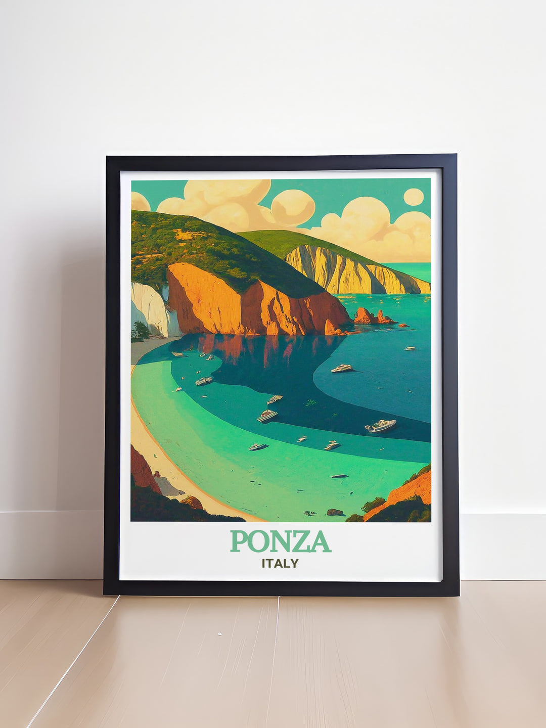 The historic cliffs of Chiaia di Luna in Ponza, Italy, are featured in this vibrant print. The artwork showcases the serene beauty of this Italian beach, making it a perfect choice for those who appreciate the tranquility of coastal landscapes. Enhance your home with the timeless charm of Italys stunning coastline.