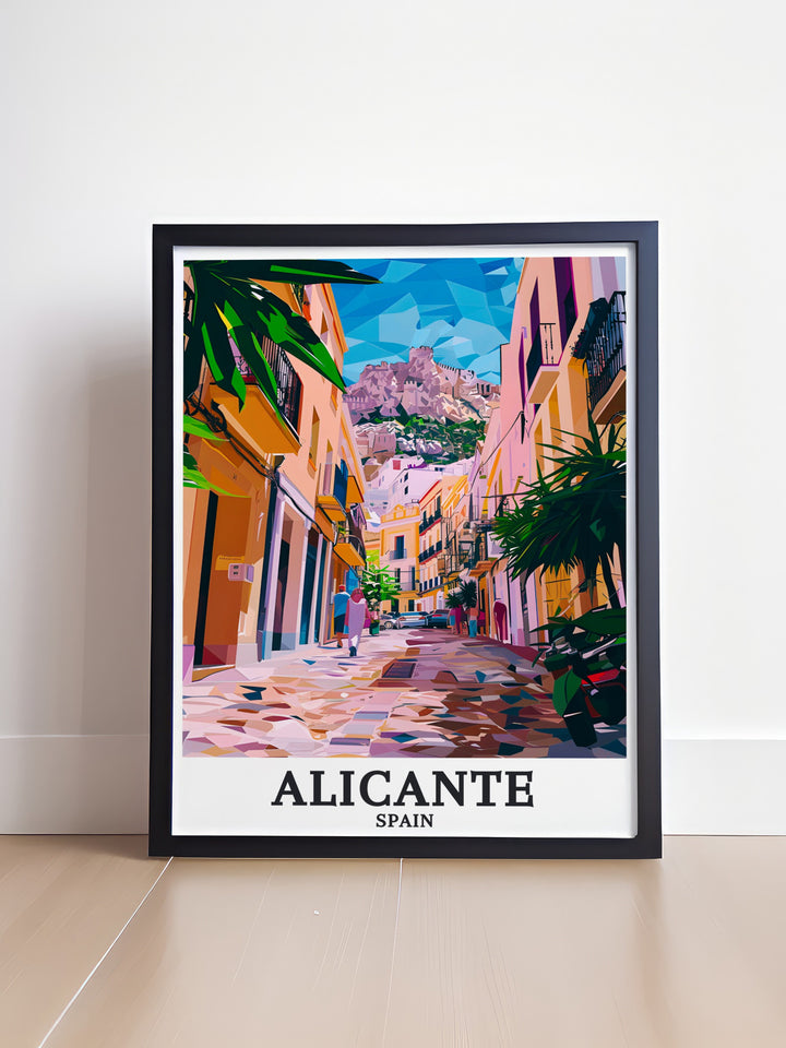 Black and white Alicante Wall Art showcasing the intricate details of Mount Benacantil and Old Town in a fine line print style that complements both modern and traditional interiors adding a sophisticated focal point to your living space