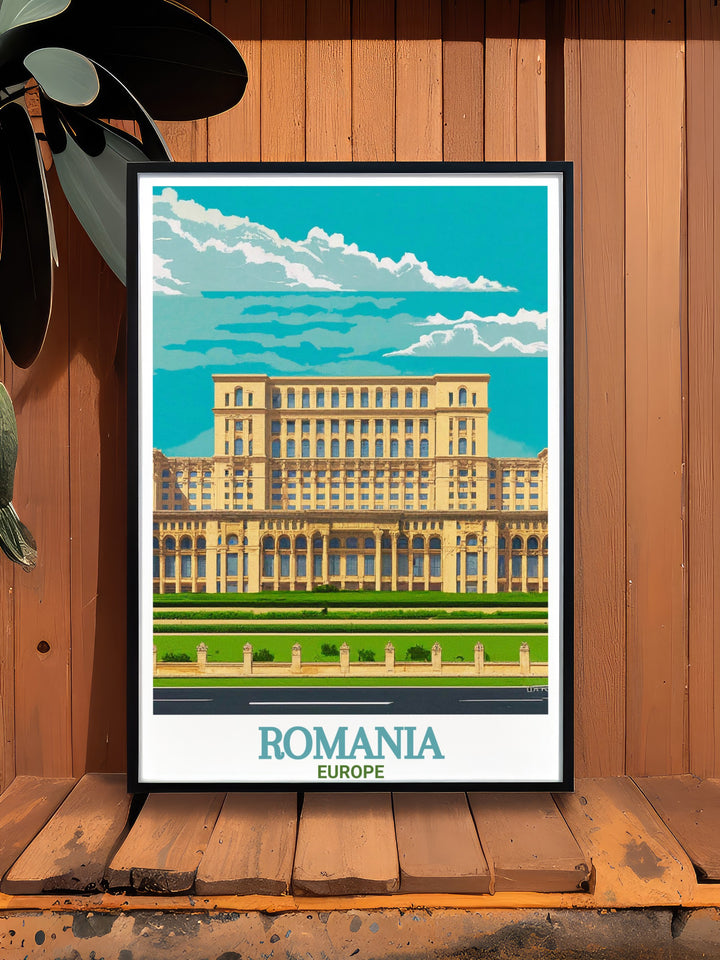 A striking art print of the Palace of the Parliament, Romania, illustrating its magnificent scale and architectural beauty. This Romania travel poster is perfect for those looking to celebrate the countrys heritage and makes a great travel gift.