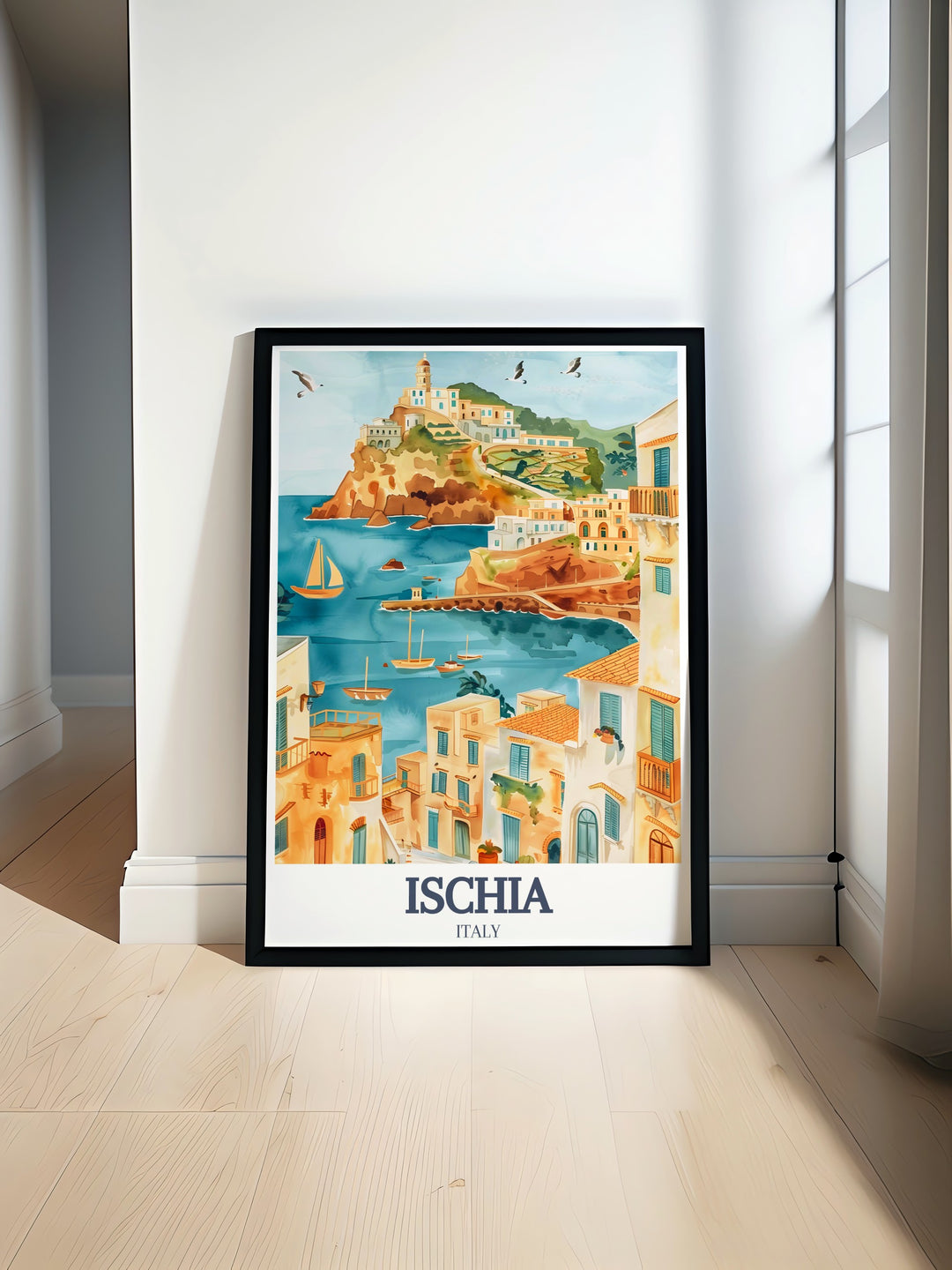 A stunning poster print of Ischia featuring Ischia Ponte and SantAngelo. This colorful travel print captures the coastal beauty of Italys beloved island. Perfect for home décor or as a thoughtful gift for birthdays, anniversaries, or any occasion.