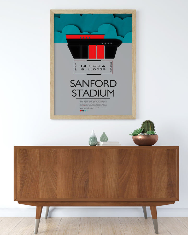 Touchdown Jesus at Sanford Stadium is beautifully depicted in this Georgia Bulldogs poster a must have for any UGA football supporter