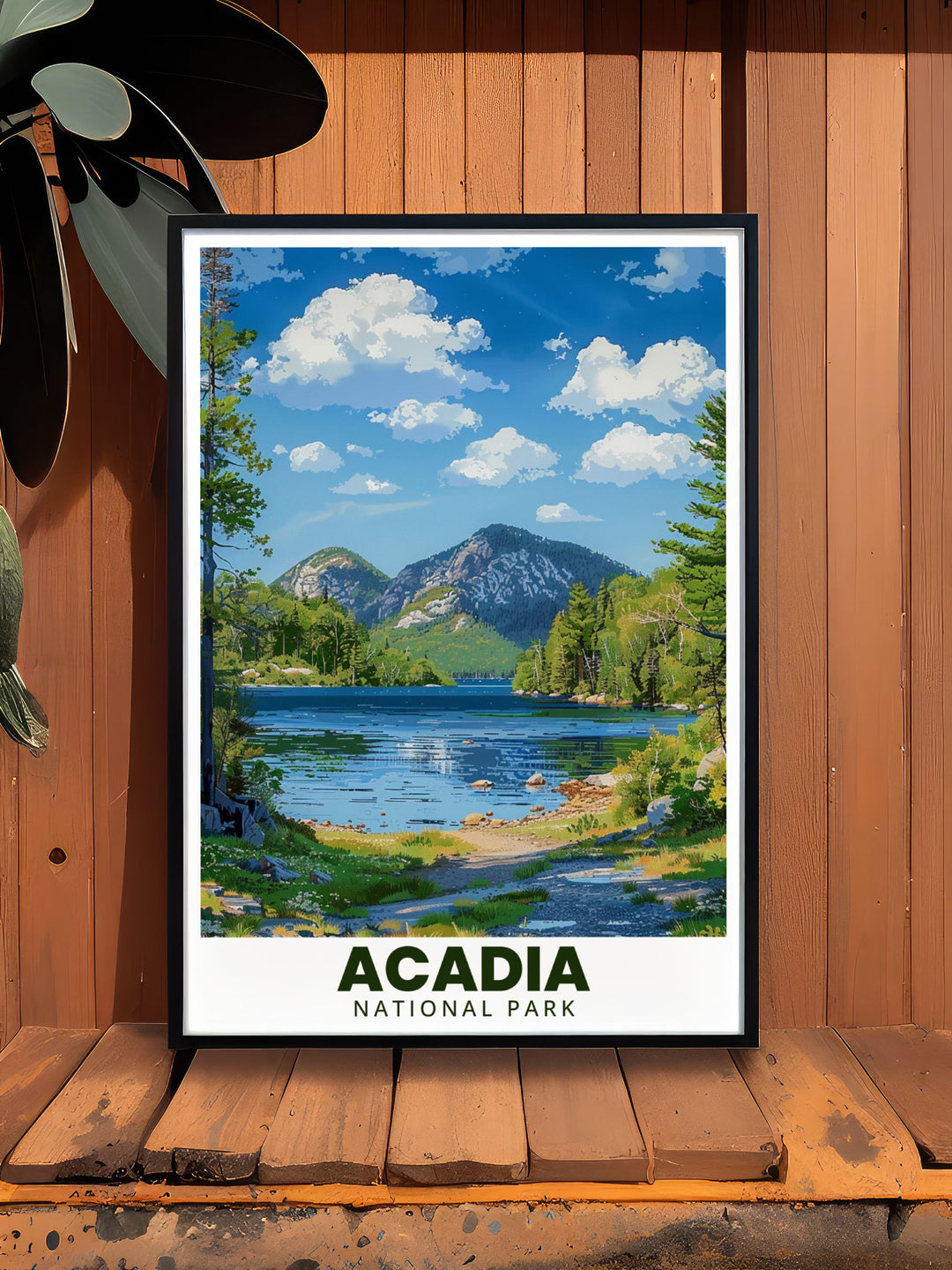 Jordan Pond framed print from Acadia National Park brings a serene touch to any living space. This retro travel poster inspired artwork captures the natural beauty of the park and adds a unique flair to modern or classic home decor.