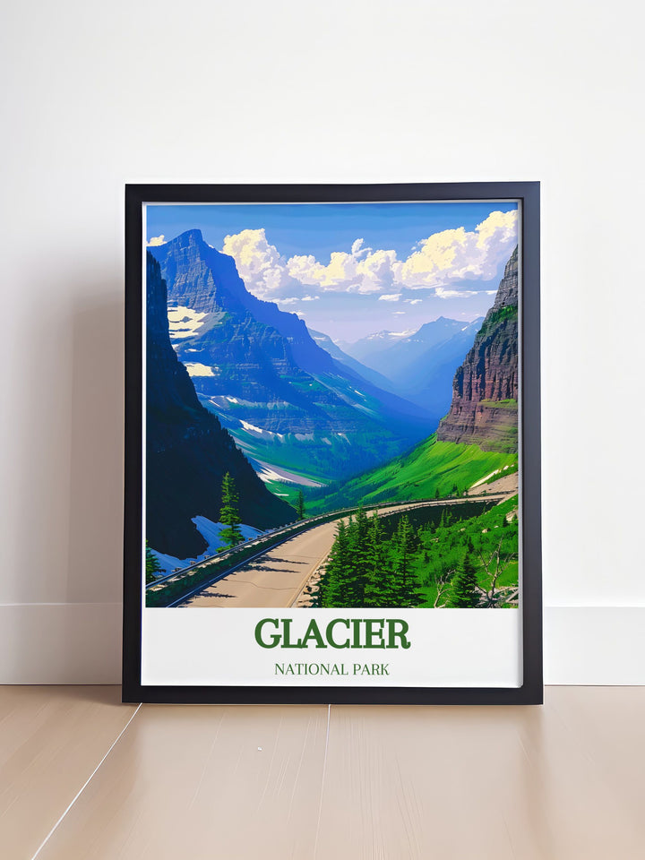 This artistic poster captures the stunning landscapes of Glacier National Park, highlighting its rugged mountains and pristine lakes. Ideal for nature lovers, this artwork brings the parks natural beauty into your home decor.